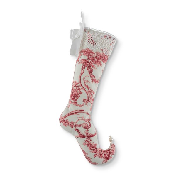 Elegant Christmas stocking in red toile de Jouy and white lace