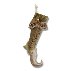 Gold Christmas stocking, damask silk leg, taffeta foot, velvet cuff with trimmings and jewel.