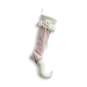 Christmas stocking in pink velvet, knit and ivory lace with fabric flowers and ribbons